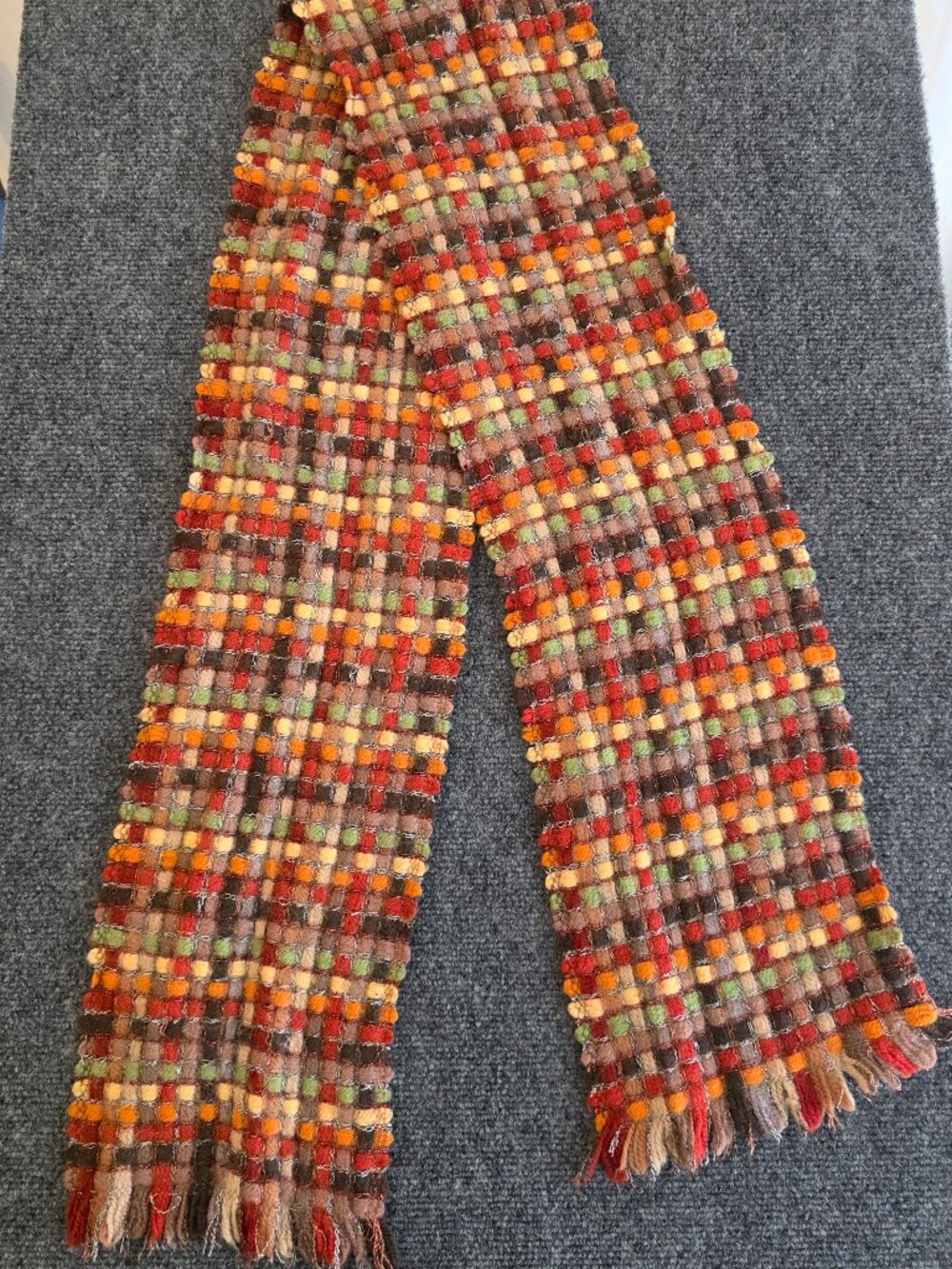 Multicolor Textured Woven Fringe Scarf Rust Orange Brown Green